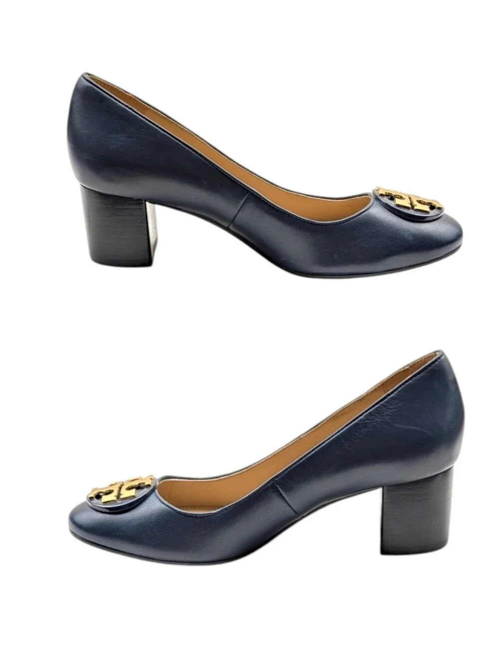Tory Burch Janey Navy Leather Logo Block Heel Pumps Size 7 EUC $325 S4191